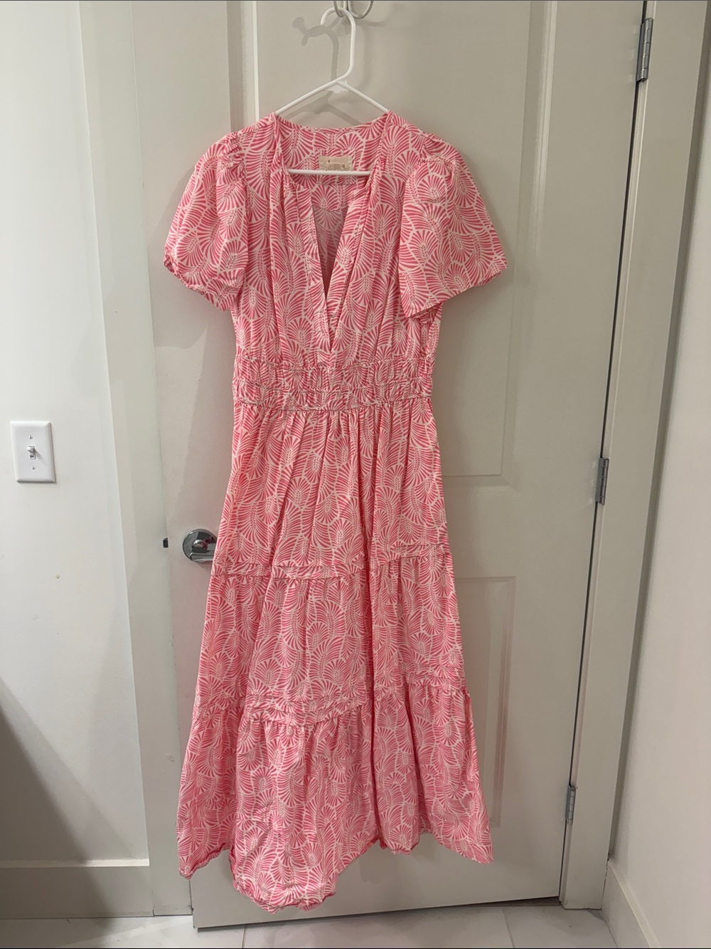 Anthropologie Pink Printed Tiered V-Neck Maxi Dress